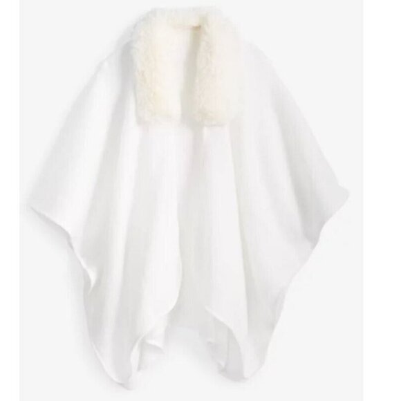INC Inter. Concepts faux-fur trim fringe open front ruana poncho topper - White - Picture 3 of 7
